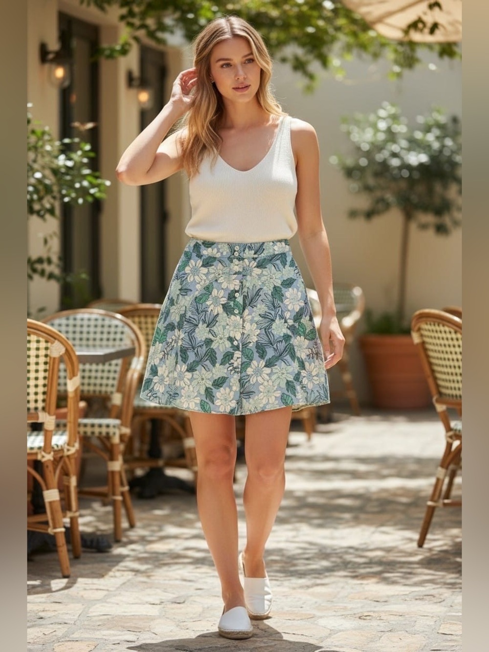 LOFT Floral Button-Front Skater Skirt in Blue and Green